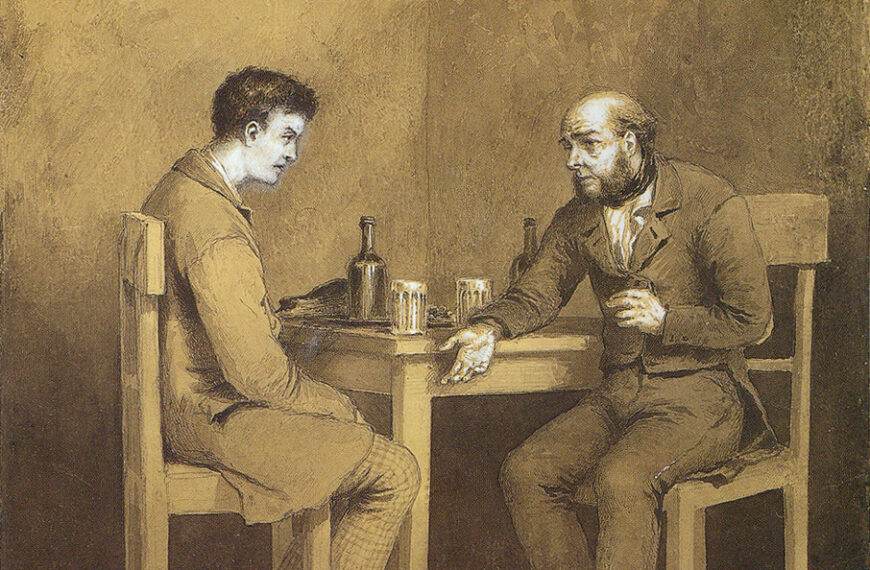 Raskólnikov y Marmeládov. Por Mijaíl Petróvich Klodt, representación de la obra Crimen y Castigo que es considerada por algunos críticos como la obra maestra de Dostoyevski y es, sin duda, una de las más conocidas. Reseña