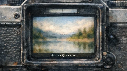 Cuando la visión falla una mirilla de cámara análoga que enmarca un paisaje difuso, con tonos suaves y realistas en horizontal. La escena transmite esa sensación de mirar a través de un ojo mecánico que no logra enfocar del todo, como si la memoria misma se resistiera a ser precisa.