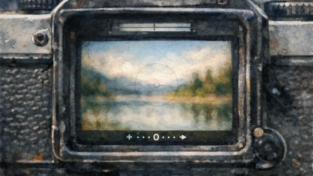 Cuando la visión falla una mirilla de cámara análoga que enmarca un paisaje difuso, con tonos suaves y realistas en horizontal. La escena transmite esa sensación de mirar a través de un ojo mecánico que no logra enfocar del todo, como si la memoria misma se resistiera a ser precisa.