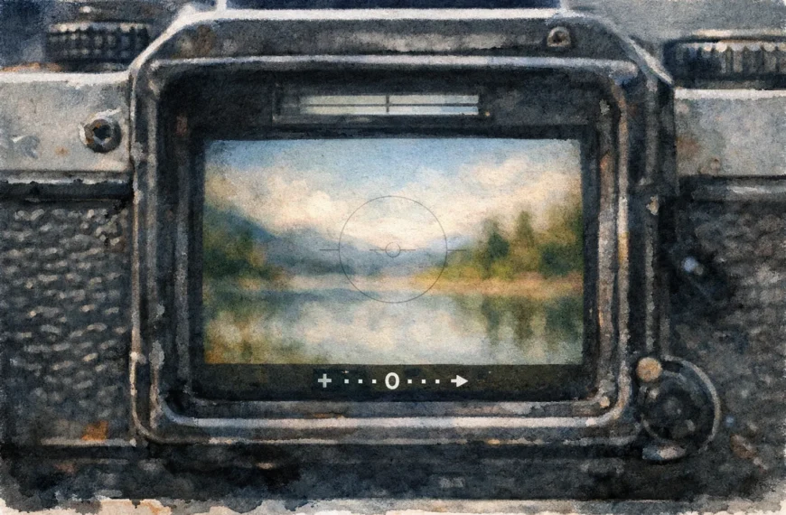 Cuando la visión falla una mirilla de cámara análoga que enmarca un paisaje difuso, con tonos suaves y realistas en horizontal. La escena transmite esa sensación de mirar a través de un ojo mecánico que no logra enfocar del todo, como si la memoria misma se resistiera a ser precisa.