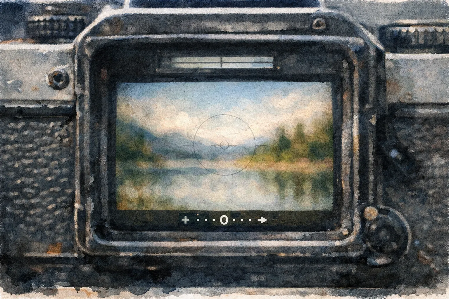 Cuando la visión falla una mirilla de cámara análoga que enmarca un paisaje difuso, con tonos suaves y realistas en horizontal. La escena transmite esa sensación de mirar a través de un ojo mecánico que no logra enfocar del todo, como si la memoria misma se resistiera a ser precisa.